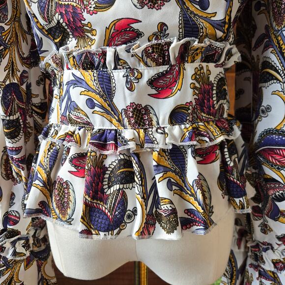 Franco Womens Paisley Floral Hippie Boho Belted Peplum Bell Sleeve Blouse Size M - Picture 7 of 12